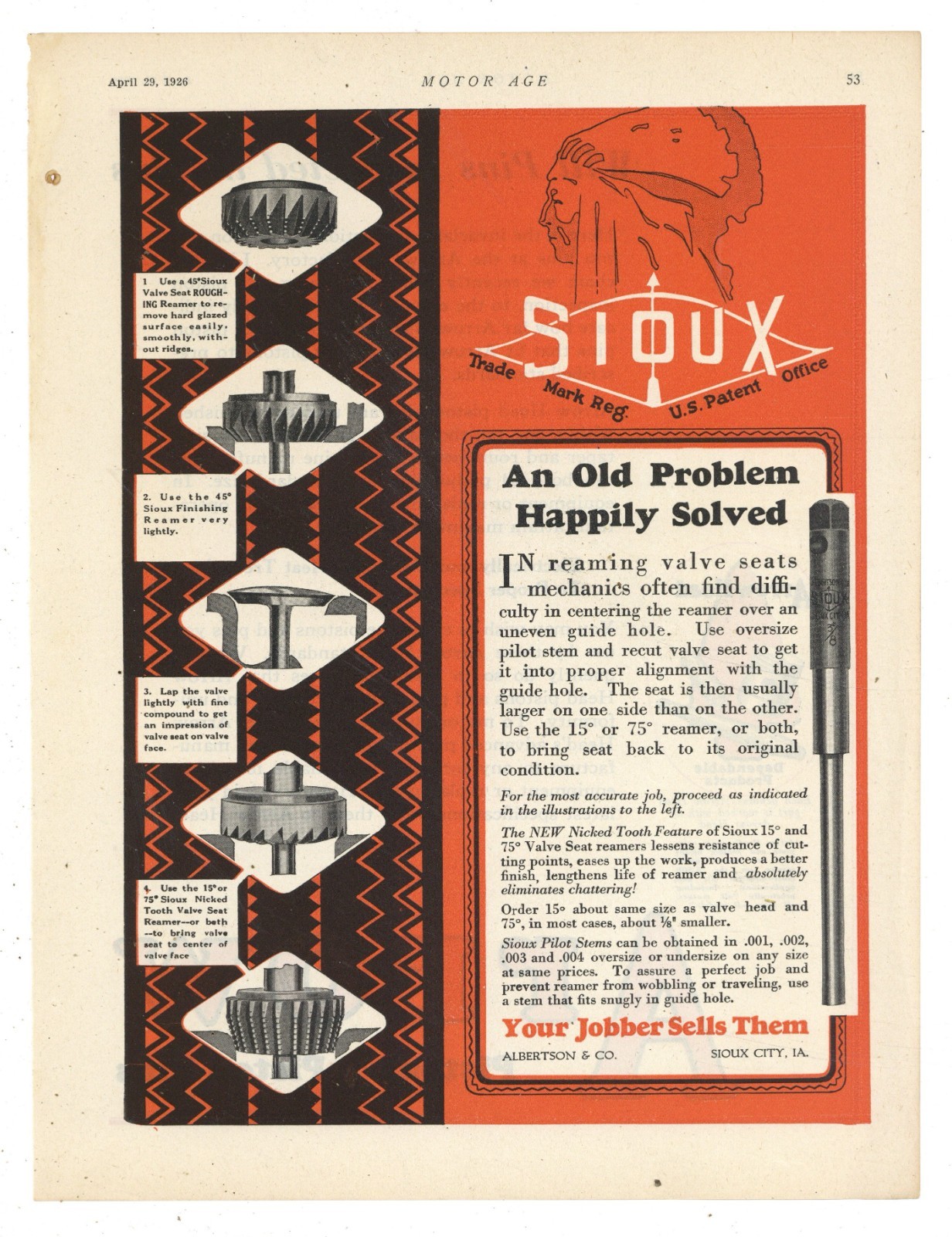 1926 Albertson & Co. of Sioux City, Iowa Ad: Valve Seat Reamers for Mechanics