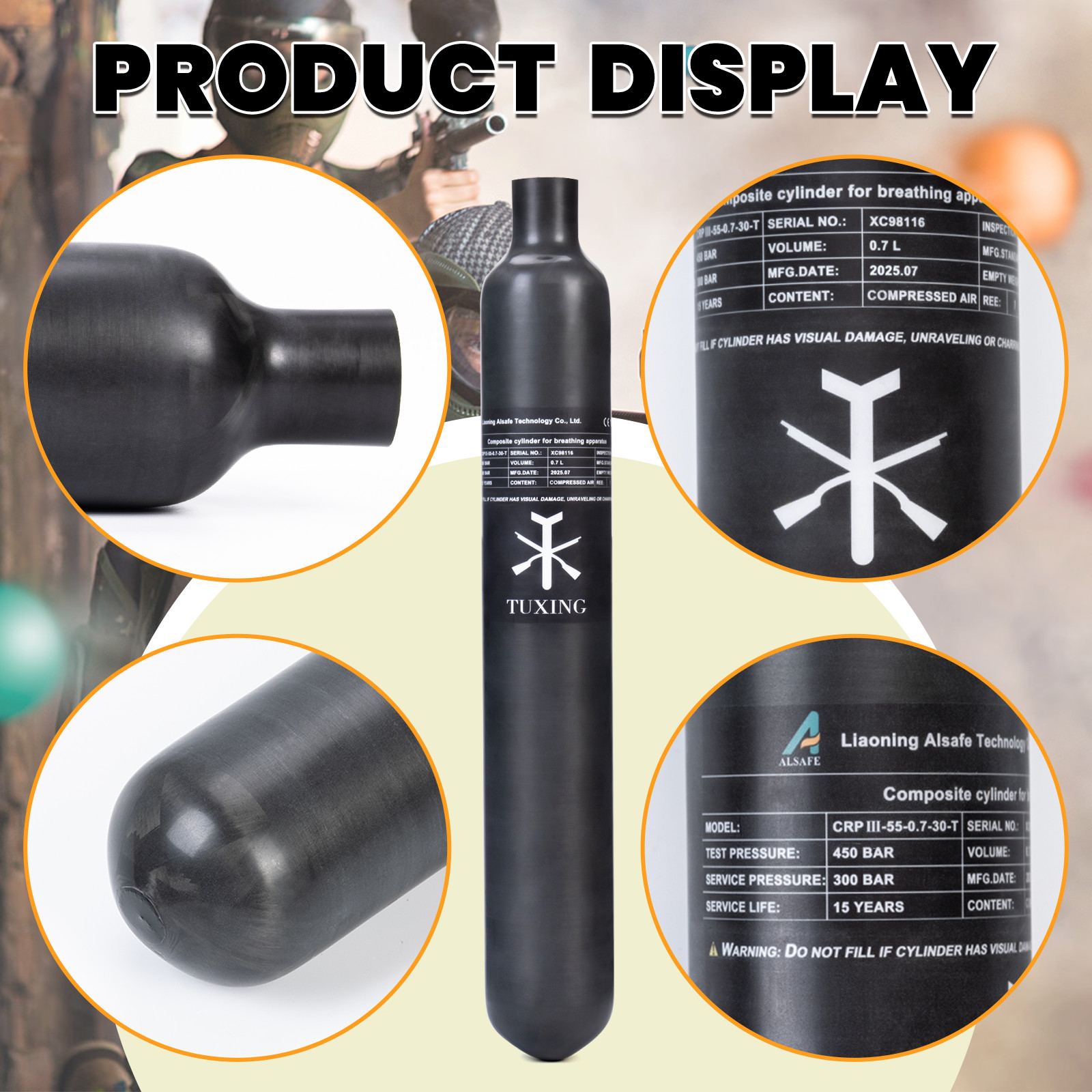 TUXING Pcp Air Tank 4500Psi 0.7L Carbon Fiber HPA Paintball Tank Diving Tank