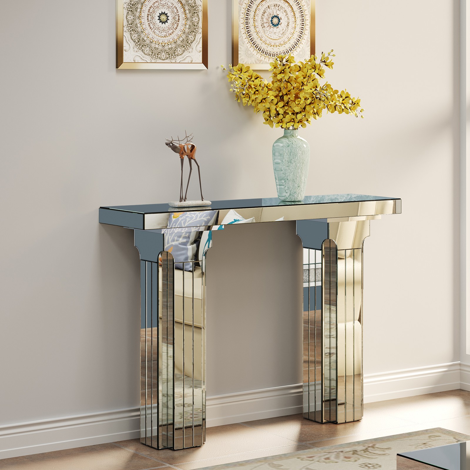 Mirrored Console Table Wide Bling Silver Mirror Entryway Desk Modern Rectangle S