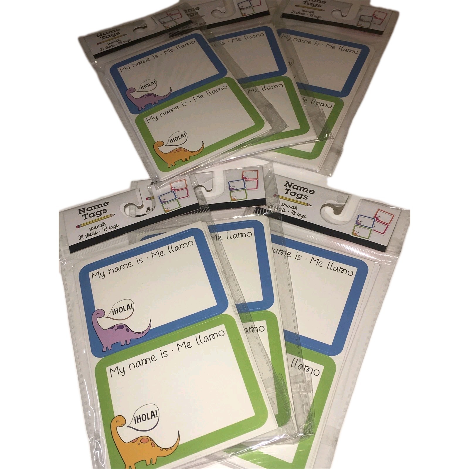 Lot Of 288 Spanish/English Hello My Name Is Name Tags With Dinosaur Six Packs