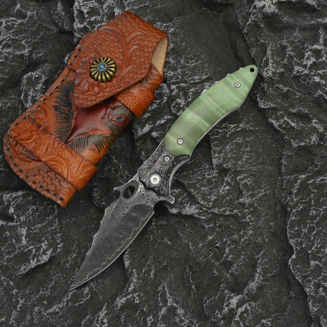 8'' New Fast Opening VG10 Damascus Blade Wood Handle Pocket Folding Tools VTF22