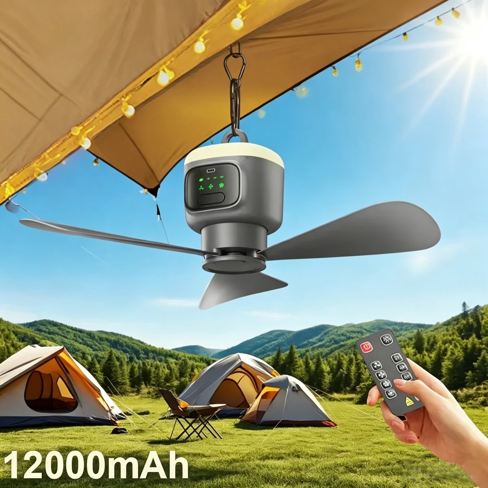 18" 12000mAh Portable Camping Ceiling Fan, Rechargeable Tent Fan W/ Light Remote
