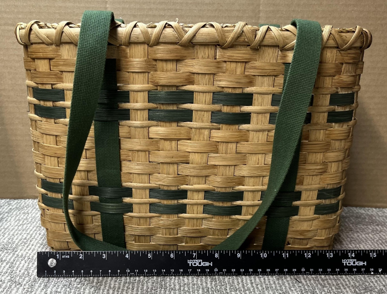 Vintage Wicker Basket Tote Bag Green Straps Primitive Medium Storage Decor