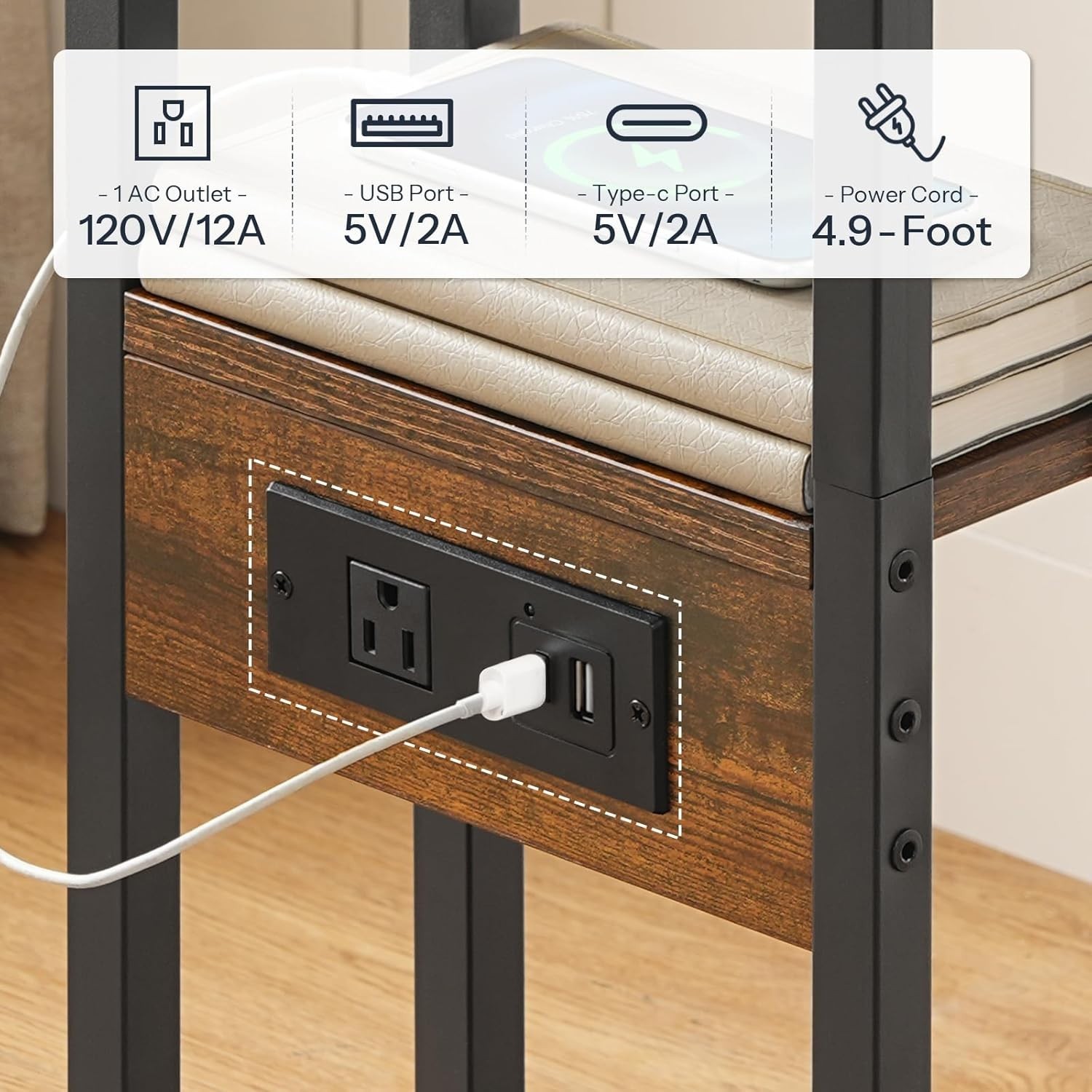 Multi-Functional Rustic C-Shaped Table with Charging Station for Modern Living