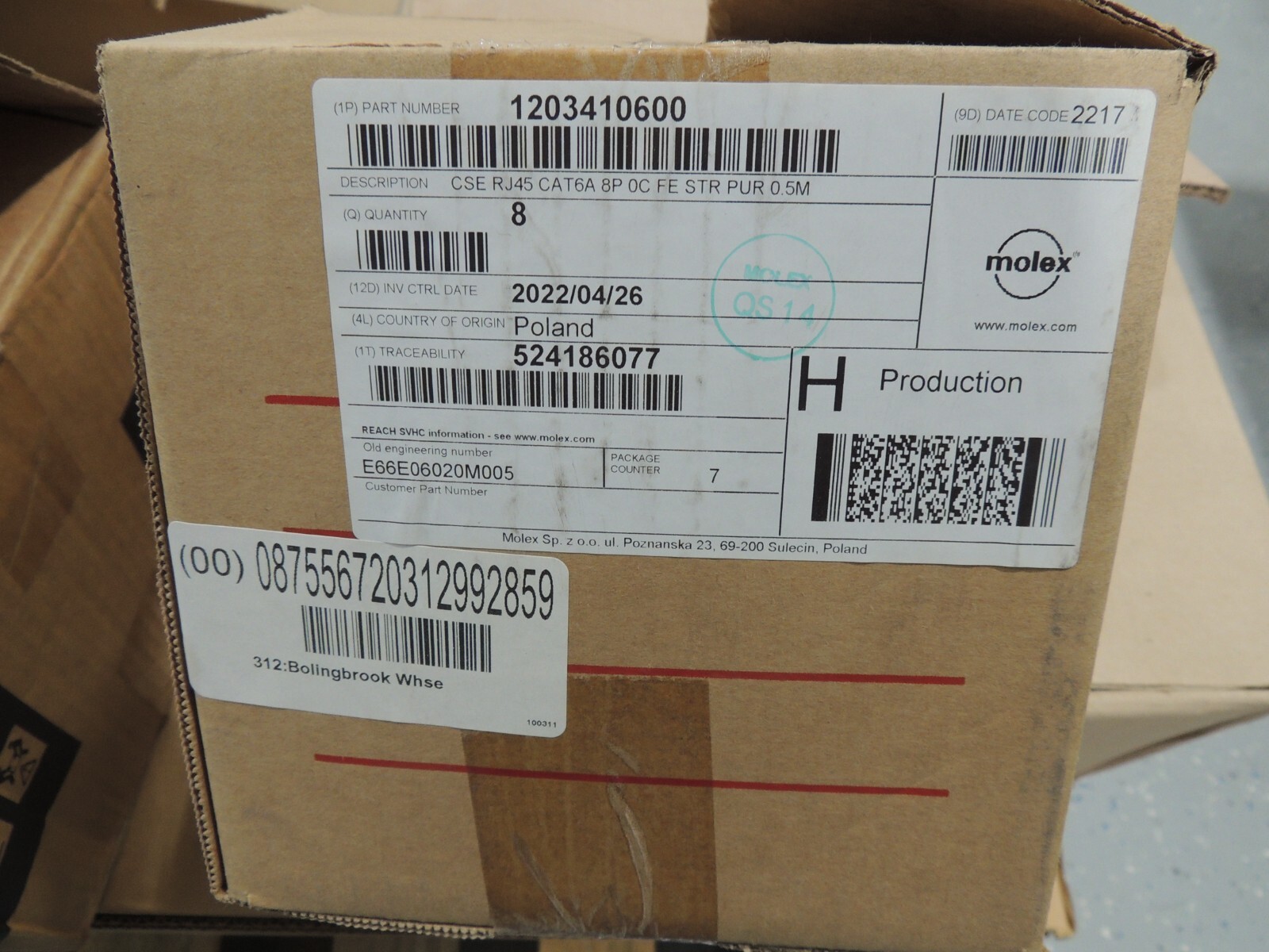 MOLEX 1203410600 DOUBLE ENDED ETHERNET CAT6A CABLE E66E06020M005, NEW (8) PIECES