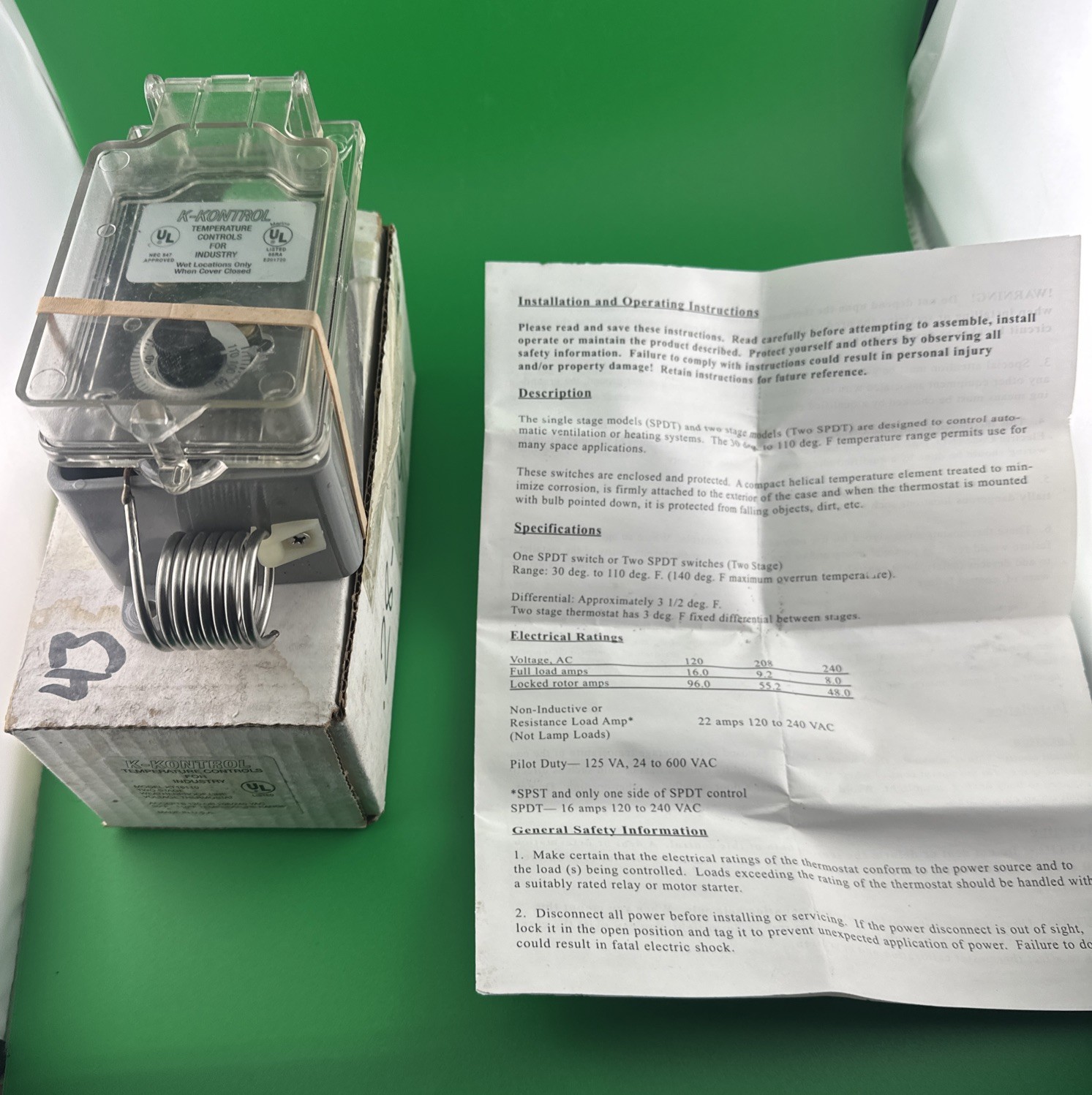 K-Kontrol KT16110 2 Stage Line Voltage Thermostat – Adjustable from 30-110F