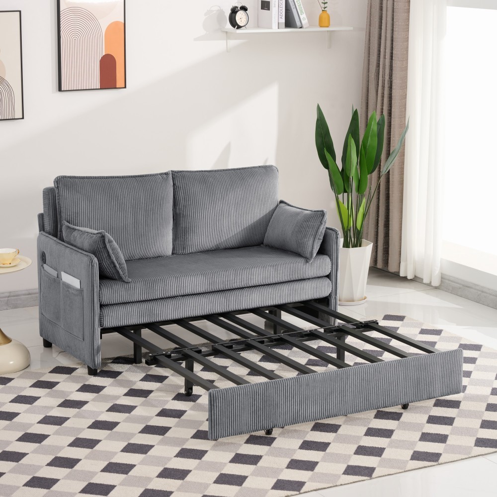 55" Convertible Sofa Bed w/ USB Ports & Storage, Grey Corduroy, Twin Size