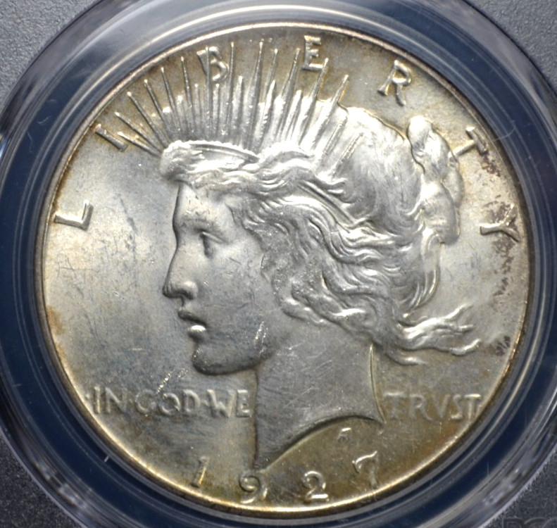 1927 PEACE DOLLAR PCGS MS 63 SOFT SILVER SATIN AND FAINT GOLD INFUSION OVER A
