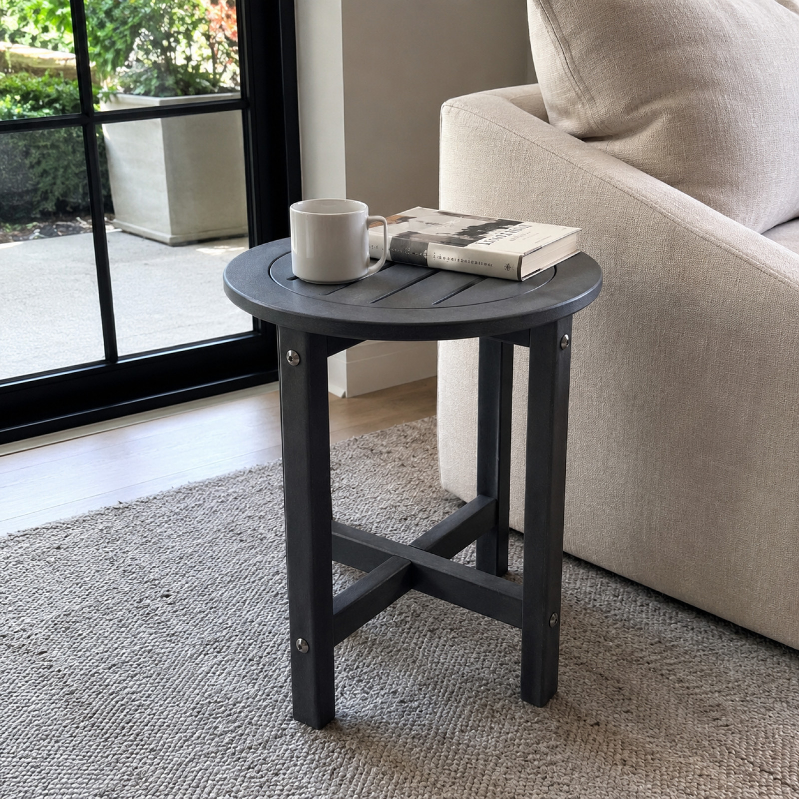 Gray HDPE Round Outdoor Side Table 16" Dia x 18" H All-Weather Patio