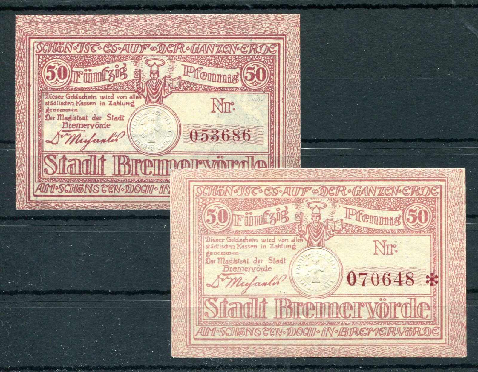 Bremervörde 2 x 50 Pfennig Notgeld Banknote KN Variant 2/8014