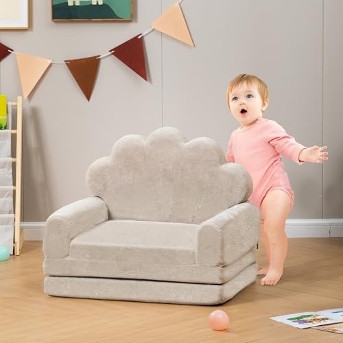2-in-1 Kids Couch, Toddler Couch Fold Out, Comfy Toddler Chair, Grey