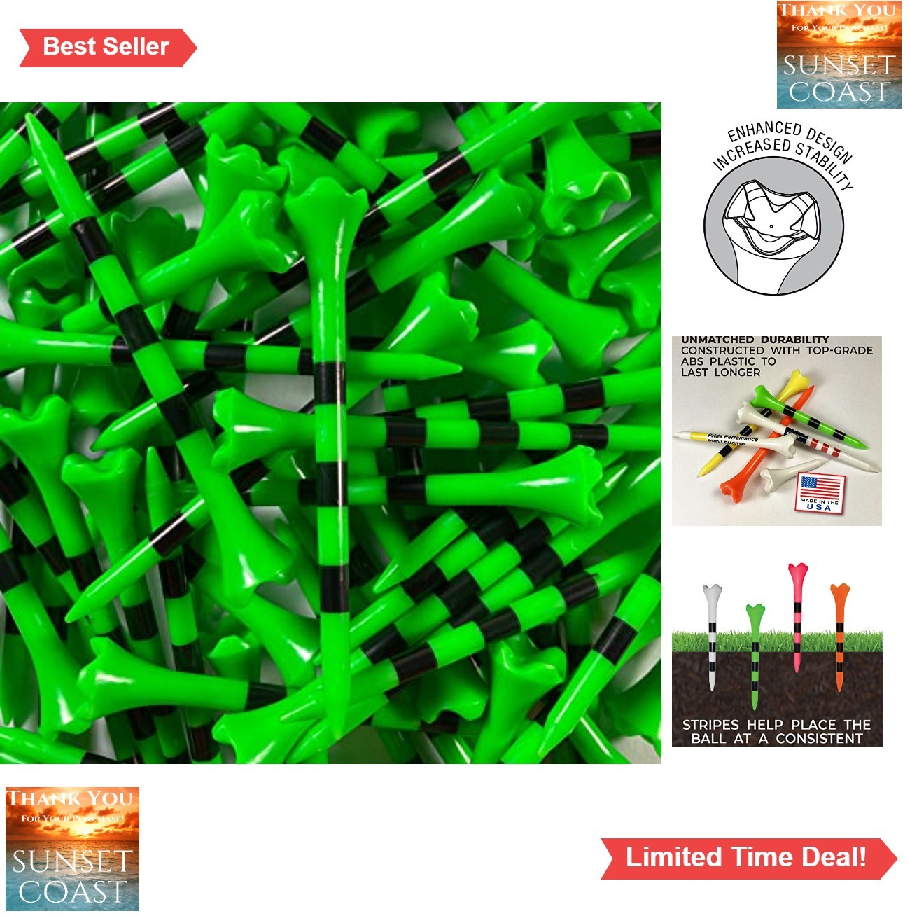 Golf Tees 3 1/4 Inch Plastic Striped 100 Count Four-Prong Cup Design for Drives