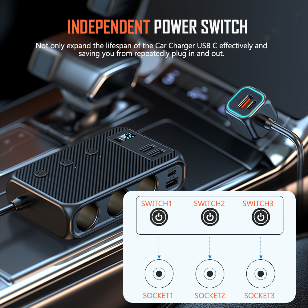 Multi Car Cigarette Lighter Socket Expander Splitter USB C Power Adapter Charger