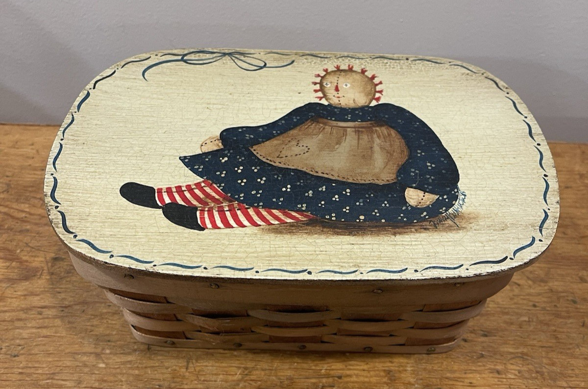 Country Farmhouse Style Basket With Hand Painted Raggedy Ann Lid