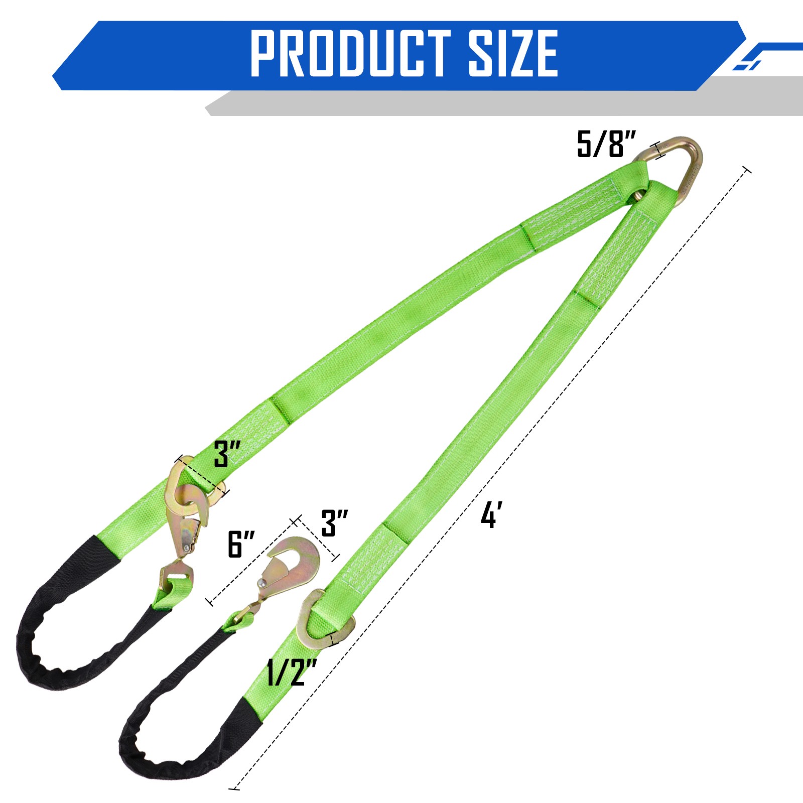 V-Bridle Recovery Strap 2"x4' w/Snap Hooks w/ Cordura Sleeve & Axle Straps Tow