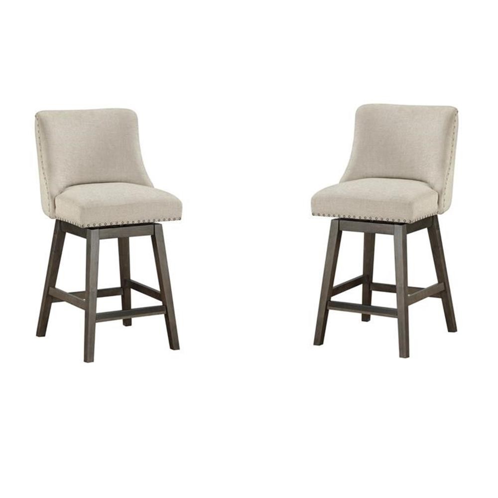 Home Square 26" Swivel Counter Stools in Beige Fabric with Gray Legs (Set of 2)