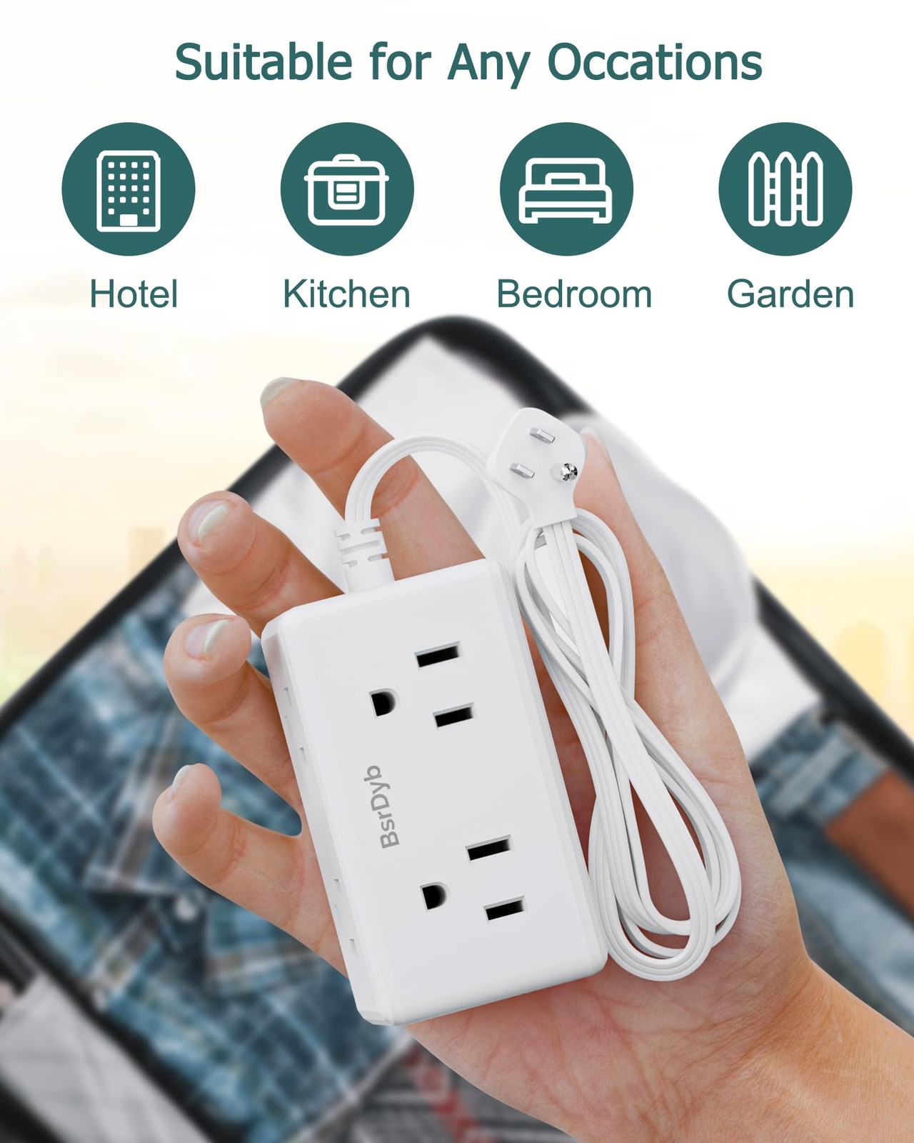 5Ft Flat Plug Small Power Strip,3-Side White Extension Cord with 6 Wide Outle...