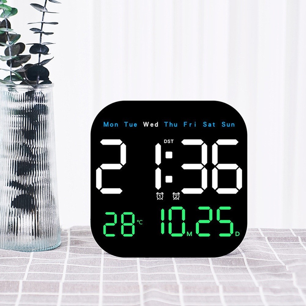 Wall Mounted LED Clock with Calendar Thermometer Moon Phase and Alarm Timer