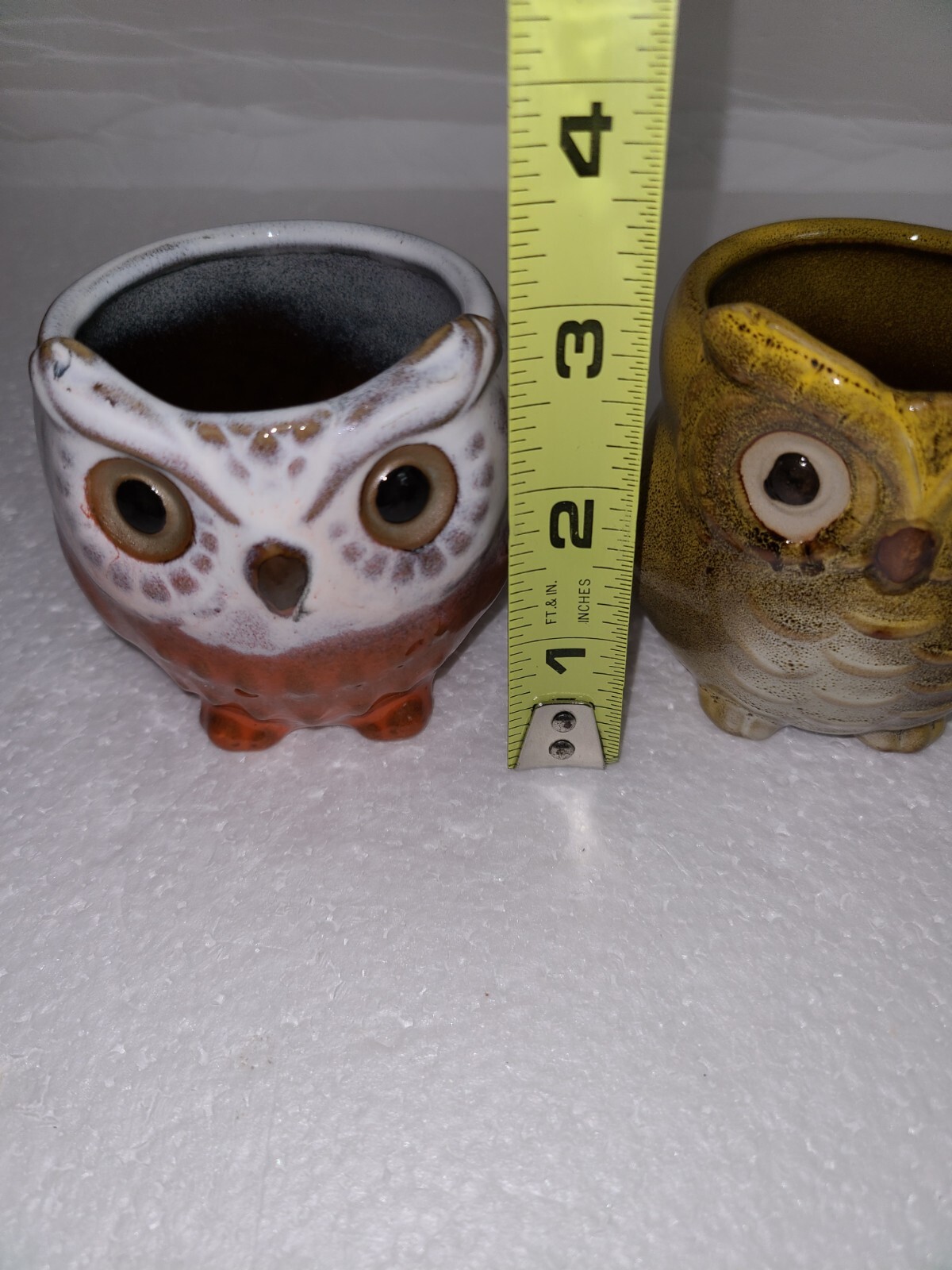 2 SMALL GLAZED POTTERY OWL PLANTERS SUCCULENTS DRAIN HOLE