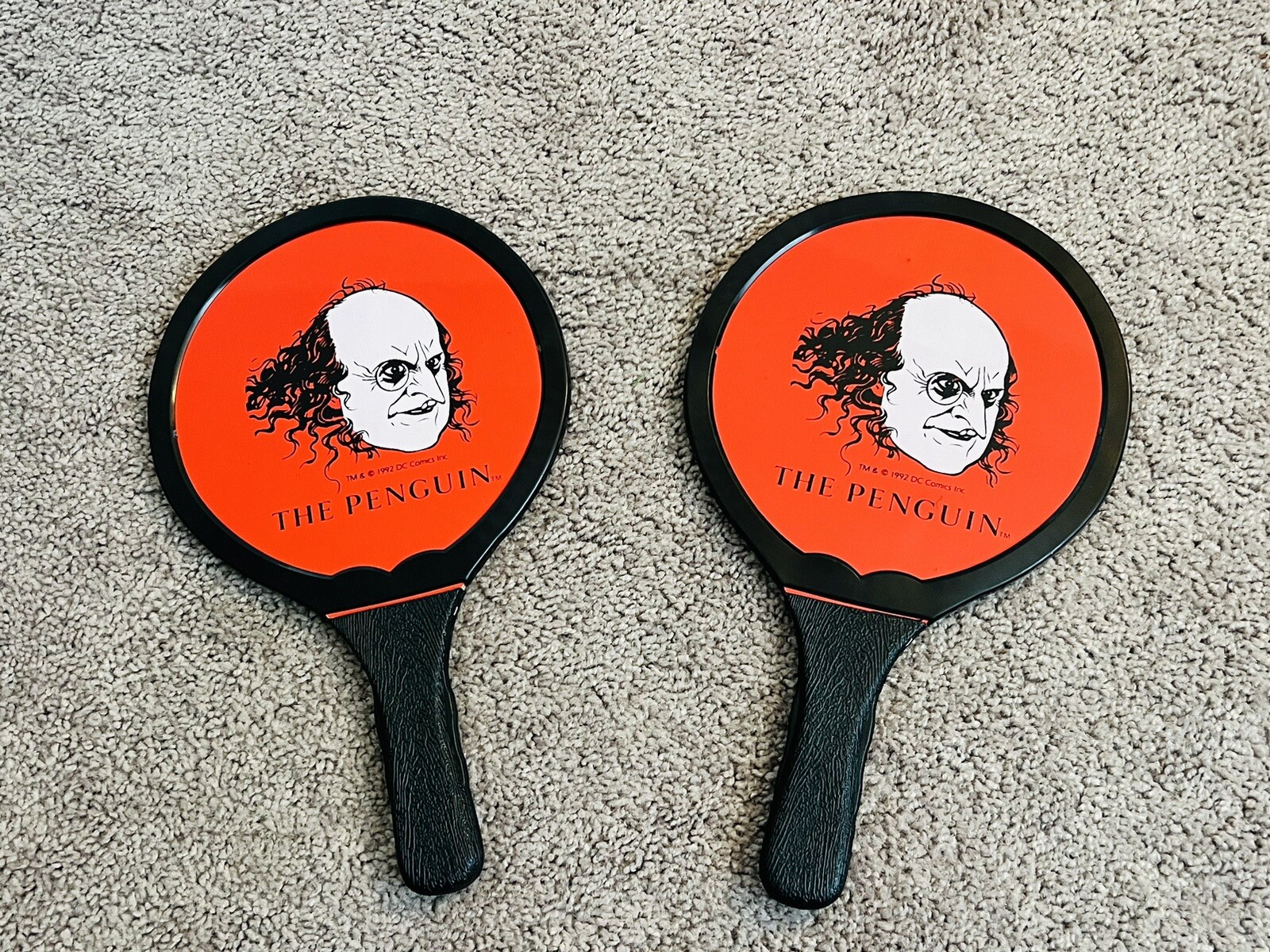 The Penguin Ping Pong Paddles 1992 Vintage DC Comics Batman 13” Red Black