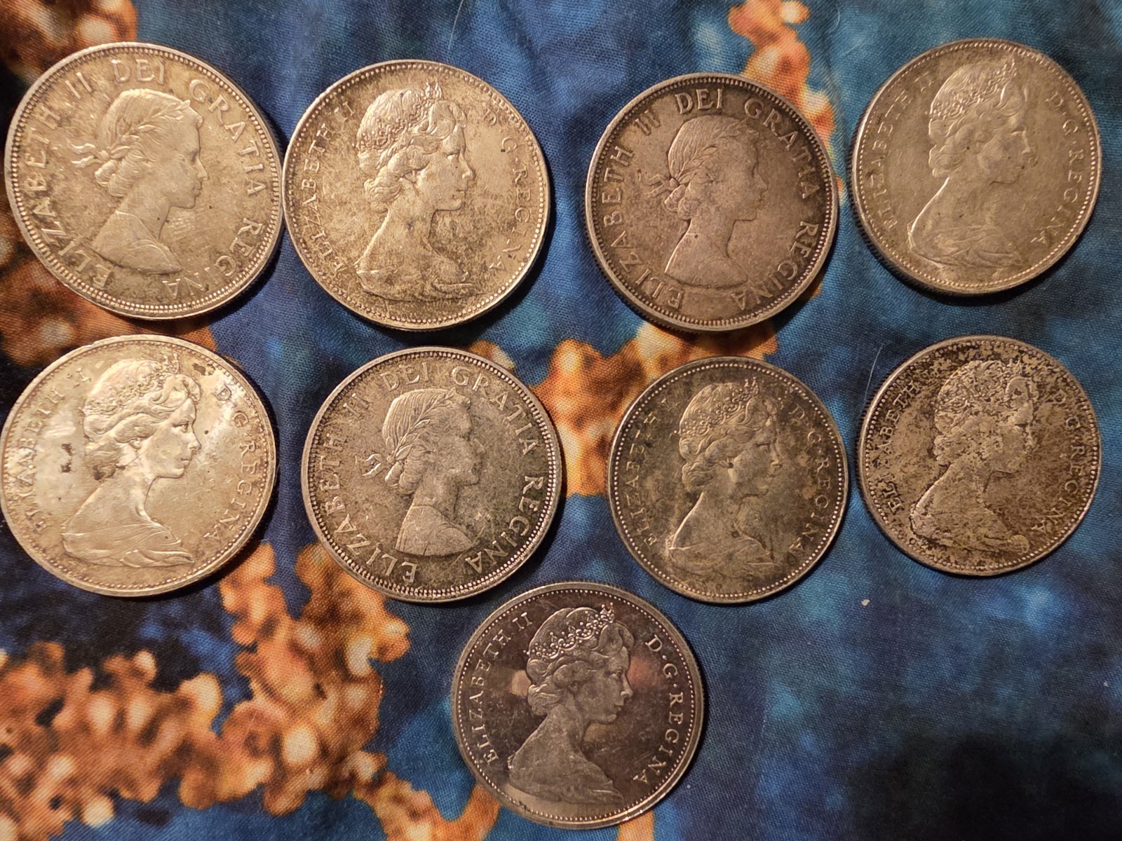 Canadian Silver Dollars Lot Of (9) 1964-1966 80% Silver Dollars 5.4oz ASW