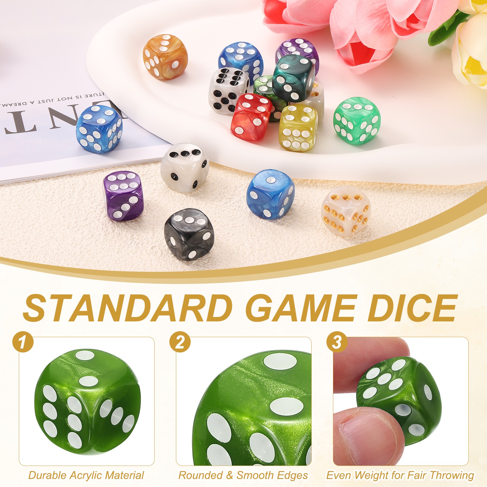 10Pcs Standard Game Dice Set 16mm Pearl Pattern Square Dice, Green
