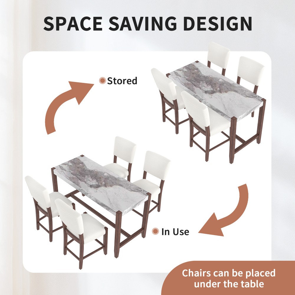 Faux Marble Counter Height Dining Table Set with 2 Chairs, Modern Pub