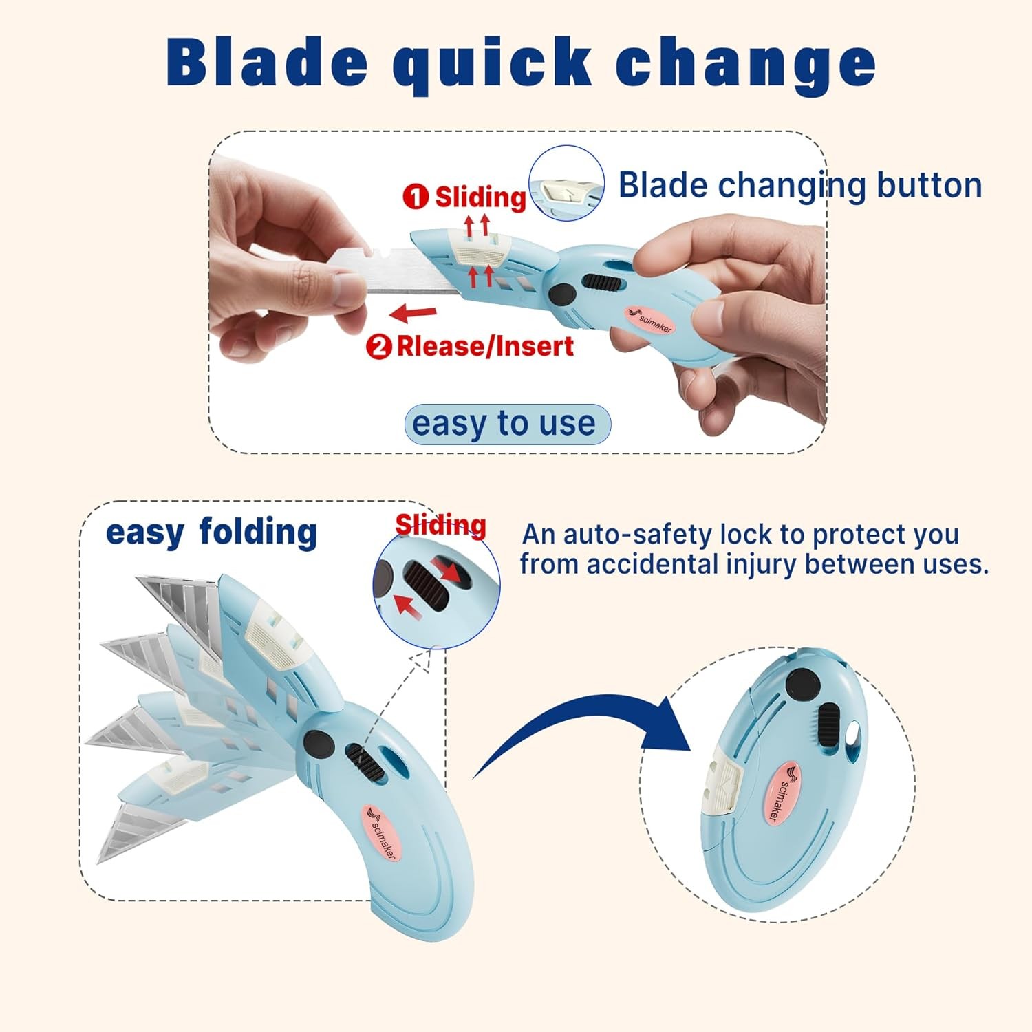 4 Pack Folding Box Cutters – Lightweight Utility Knives with Back-Lock & 10 Ex
