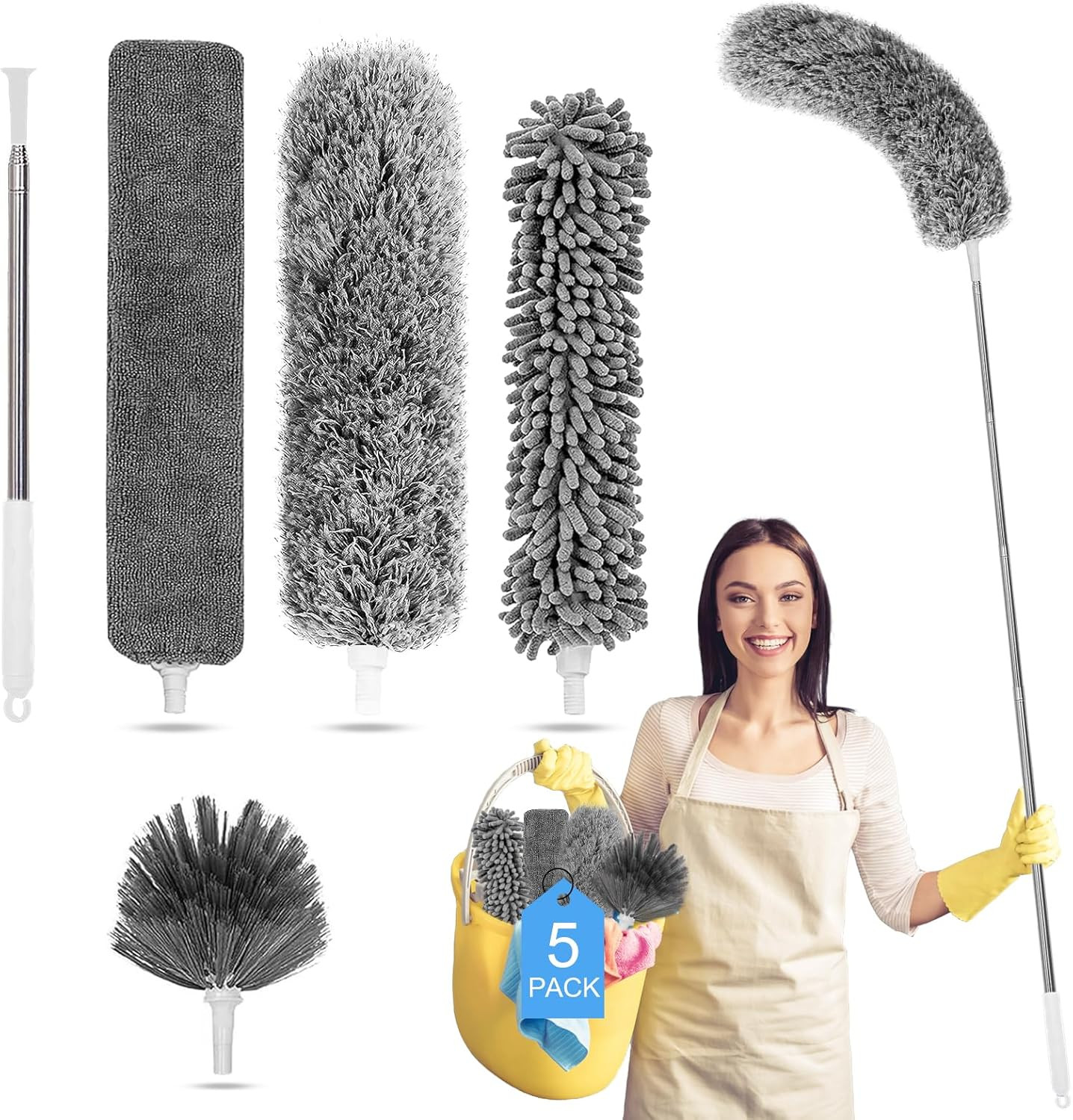 Microfiber Feather Duster 5-in-1 Kit, Dusters for Cleaning, Duster with Extensio