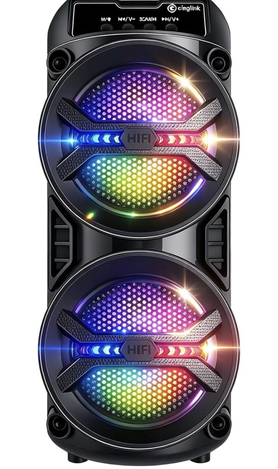 Dual 8in Bluetooth PA Party Speaker FM Radio USB AUX LED Lights Remote Black