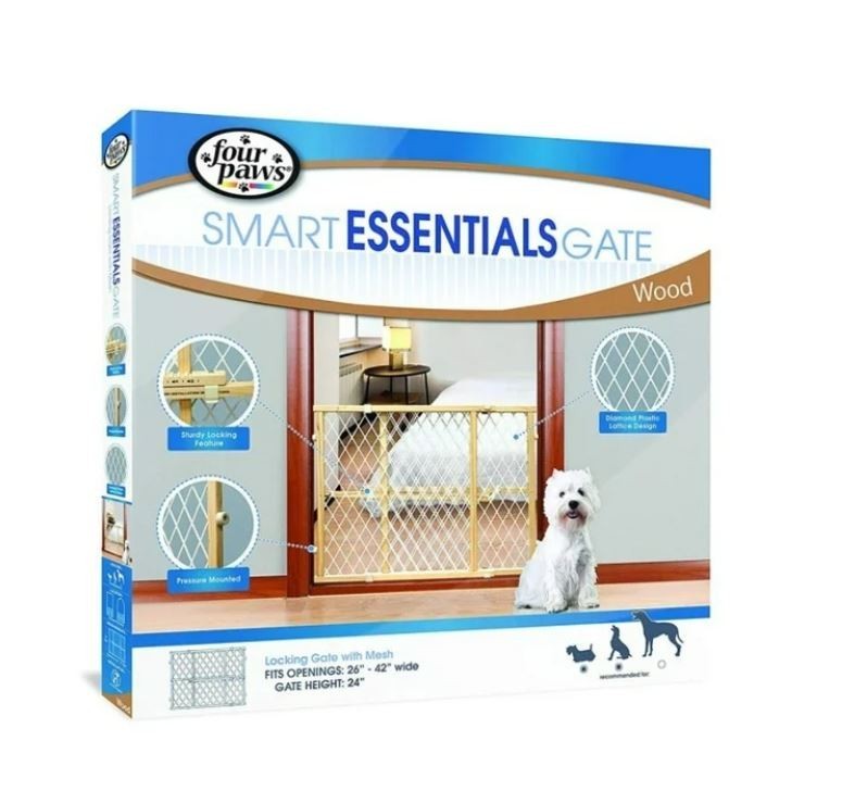 Four Paws Wood Frame Dog Gate With Plastic Mesh, 26-42" W by 24" H (EXCELLENT)