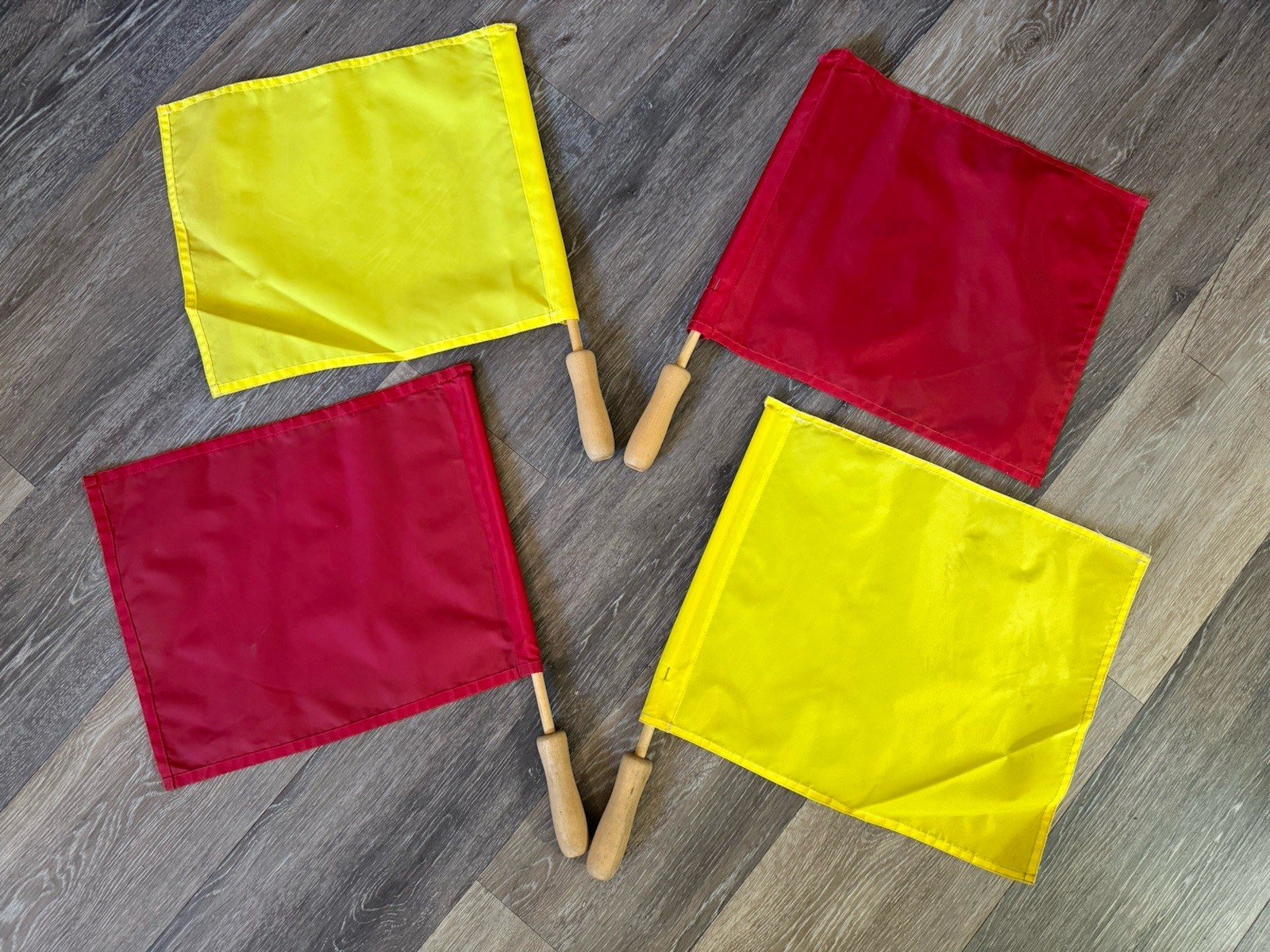 4 Soccer Referee Flags AR Linesman Assistant Wooden Handles Red yellow Vintage