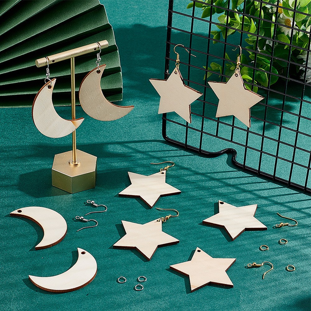 1box Moon & Star Dangle Earring Making Kit Including Brass Earring Hooks Wood
