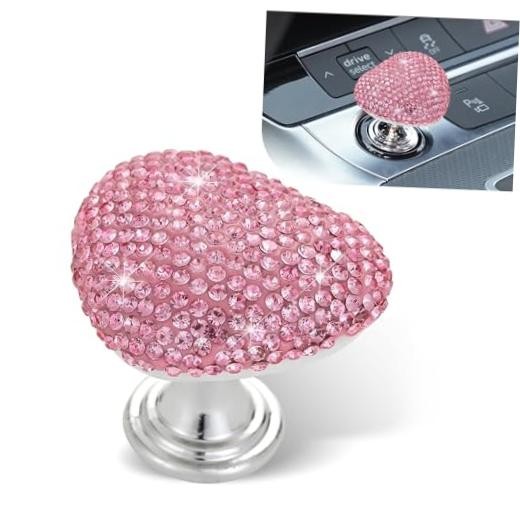 Car Start Button, Bling Heart-Shaped Ceramic Decorative Ignition 1 PC Pink #02