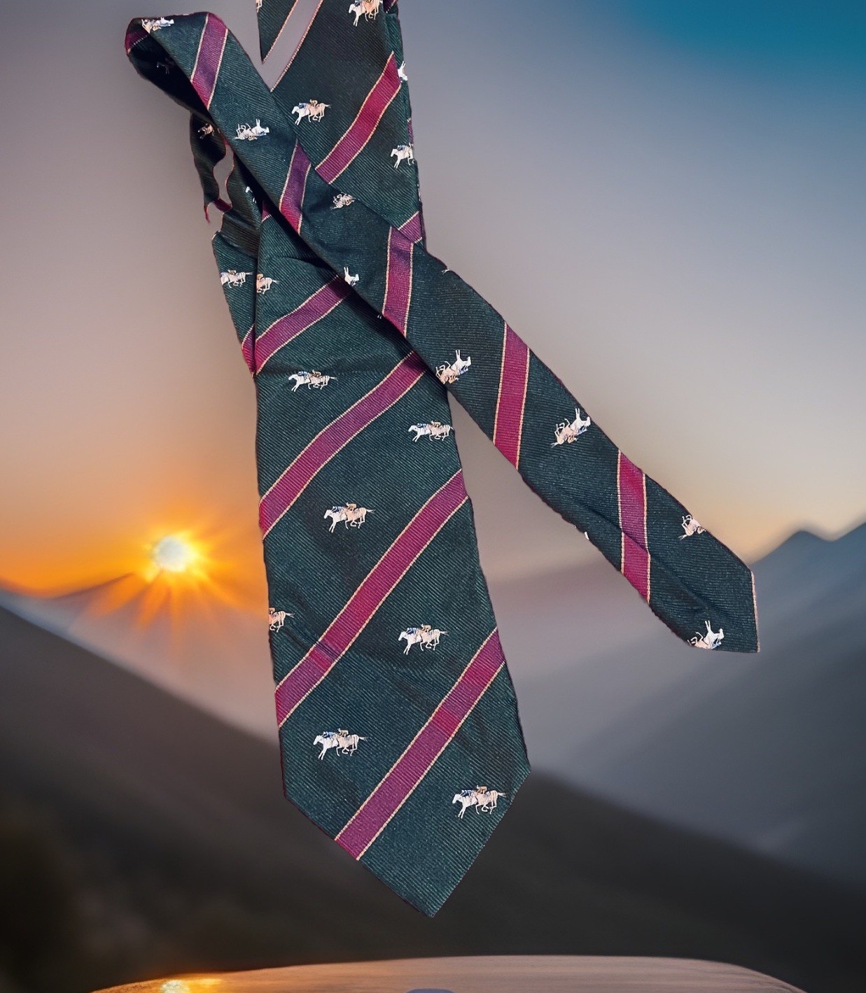 Grisham's Tie Mens 3.25x56.5 Green Silk Striped Horse Jockey Necktie Handmade