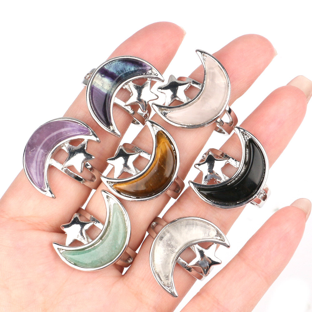 Natural Crystal Star Crescen Moon Ring Chakra Gemstone Bead Reiki Healing Amulet
