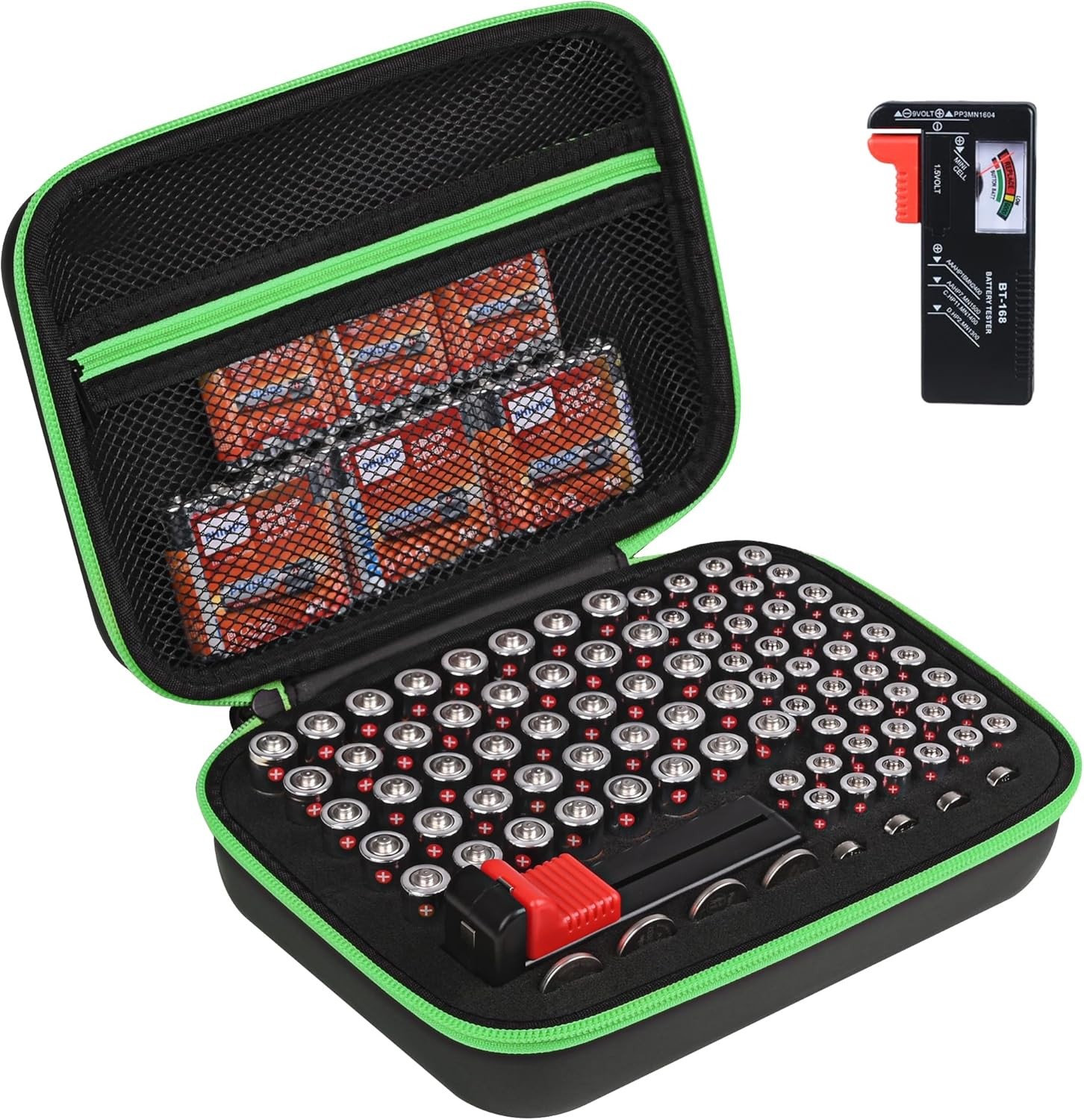 Battery Organizer Storage Case with Tester for AA AAA Button black-green