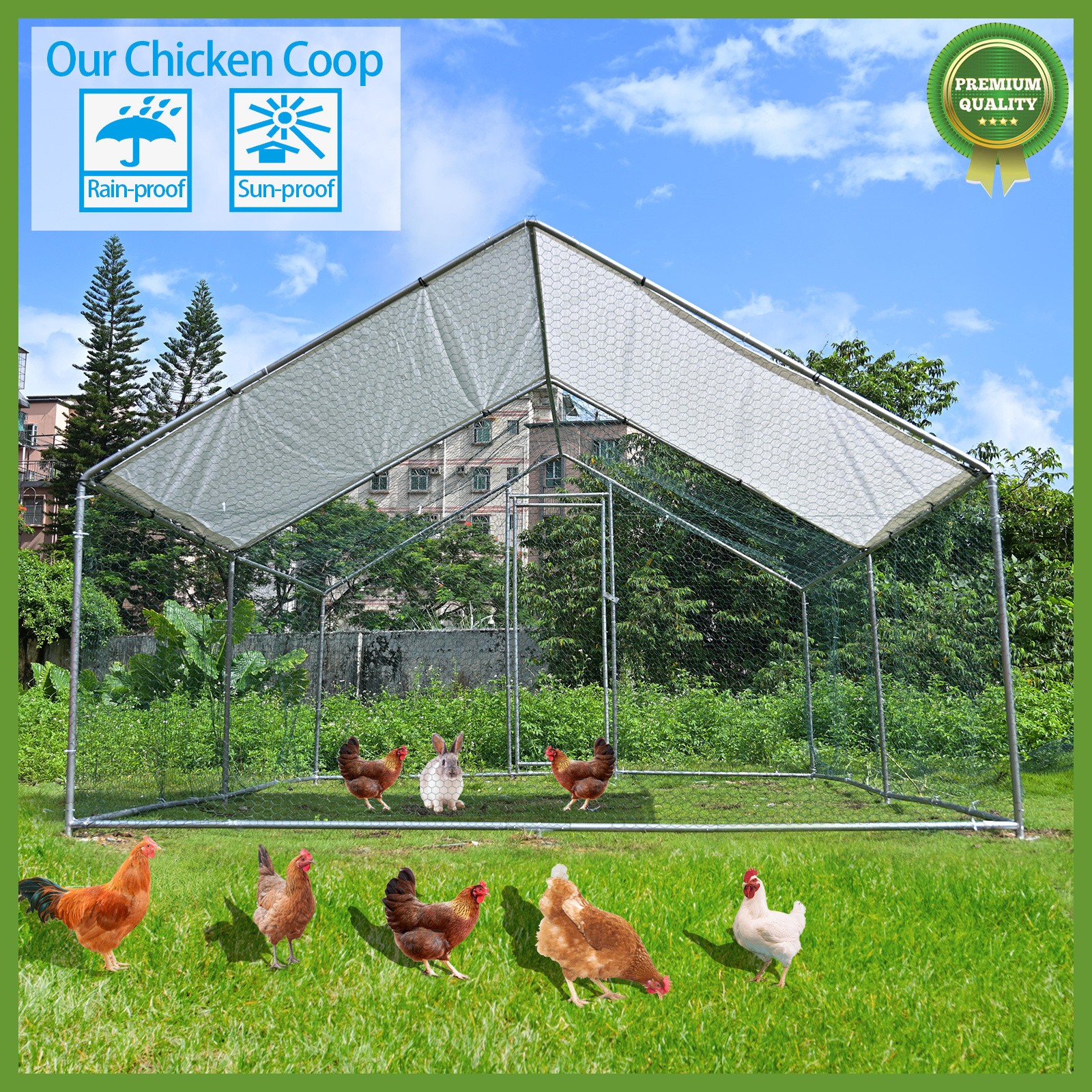 Large Metal Chicken Coop Walk-In Chicken Run Hen House 13x10x6.56 ft Peaked Roof