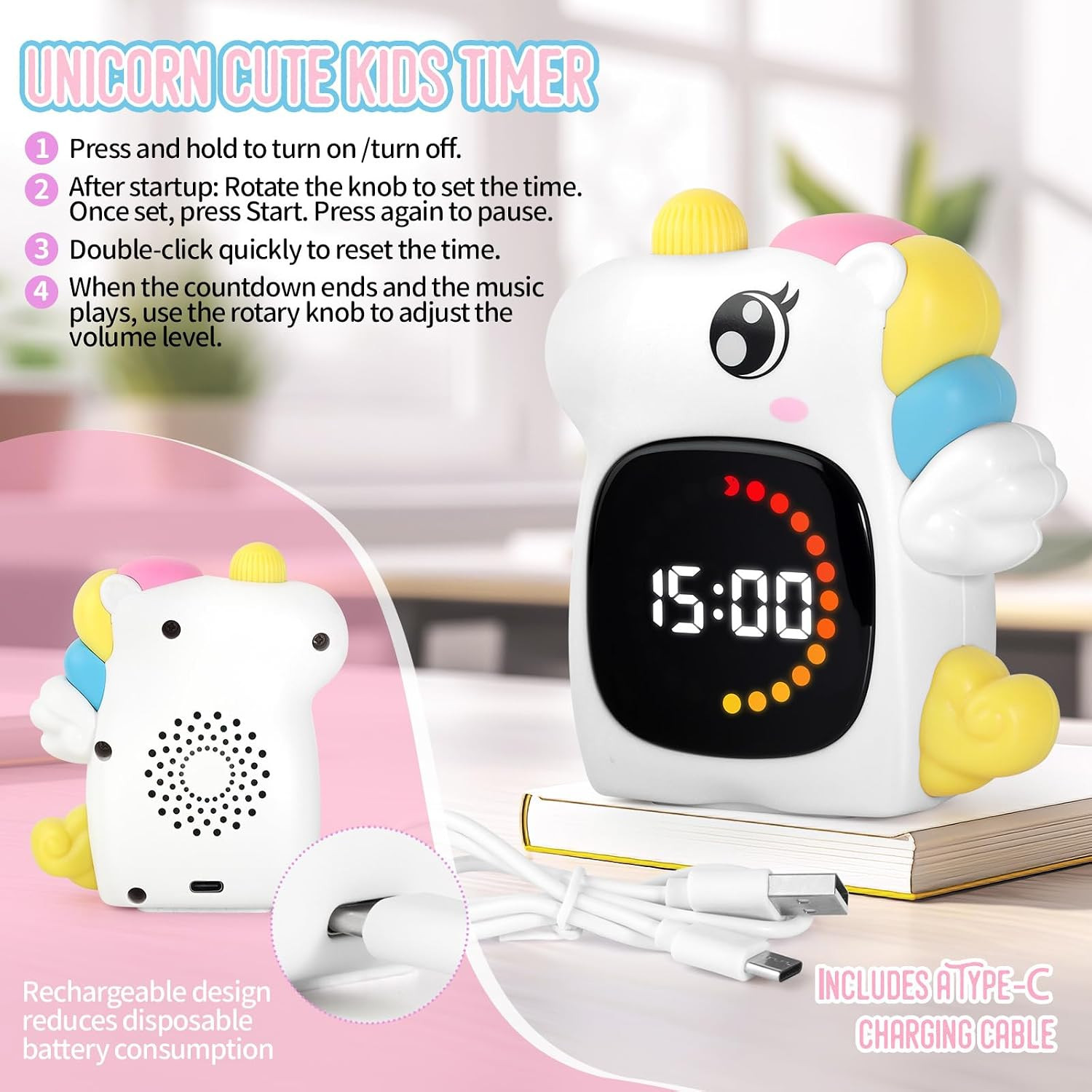 Unicorn Visual Timer for Kids, Rechargeable 99:59 Digital Countdown Potty Timer,