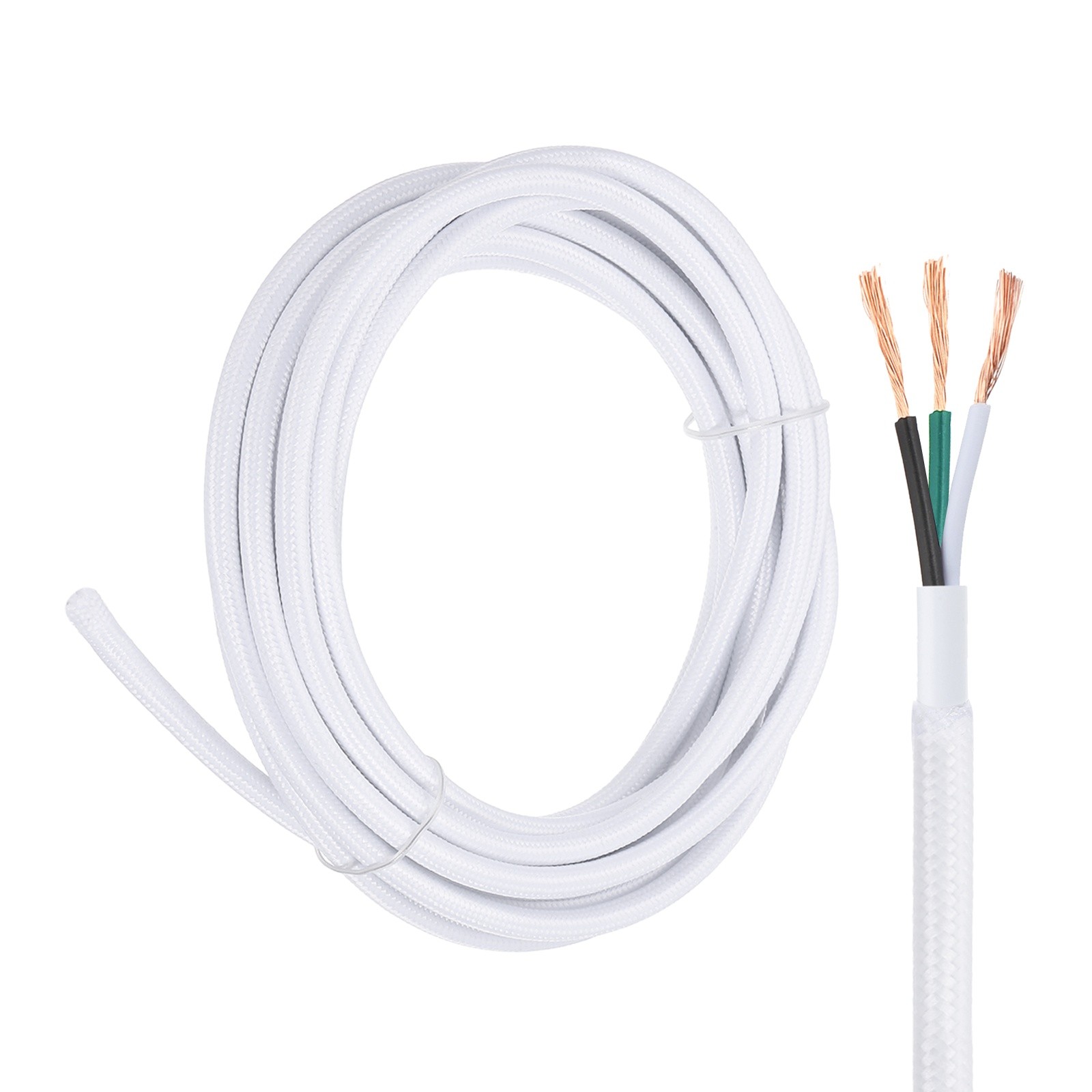 15Ft 18AWG 3 Conductor 300V Cloth Covered Lamp Wire Cord, White