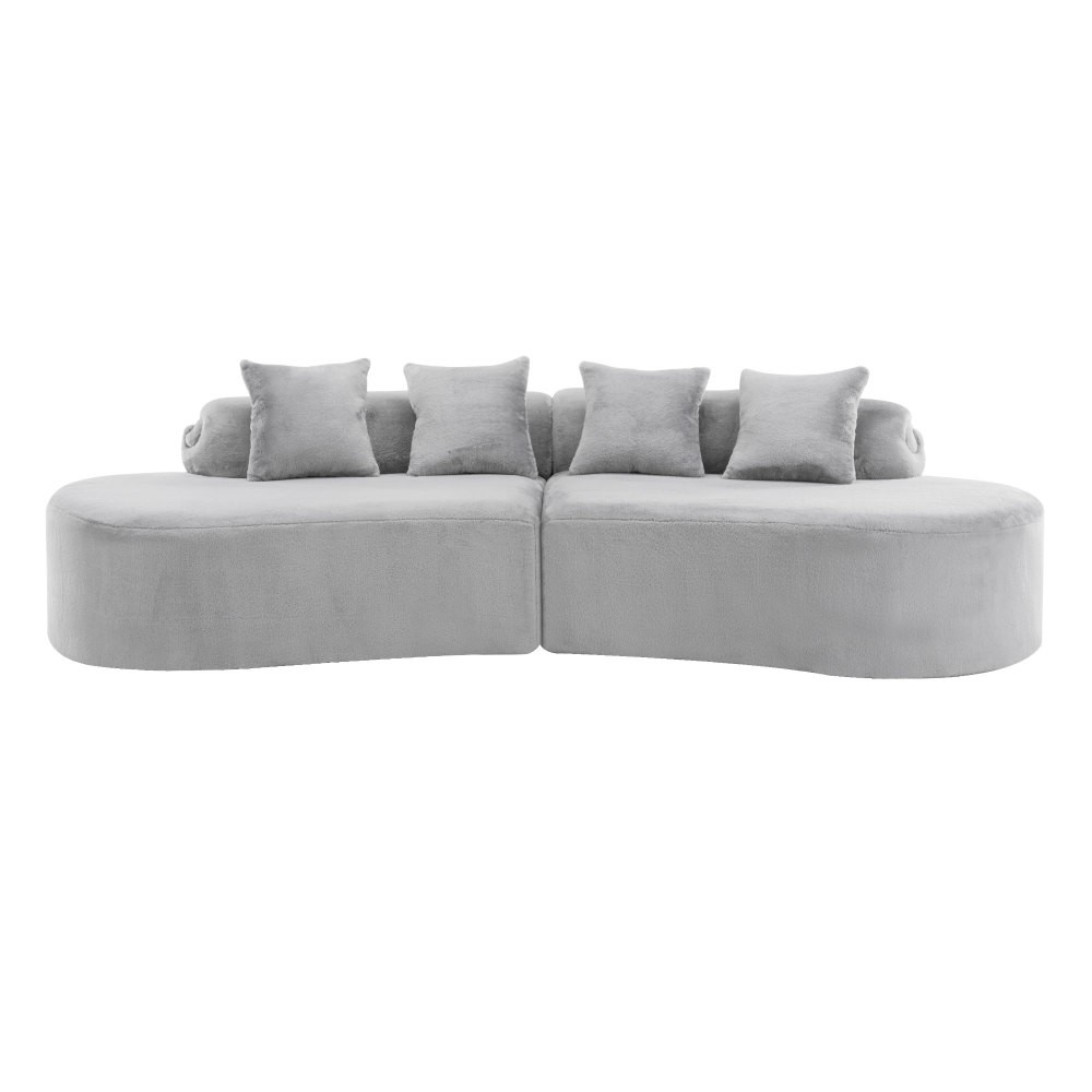 Curved Flannelette Sofa w/ Pillows, Light Gray, 4-Seat Modern Sectional