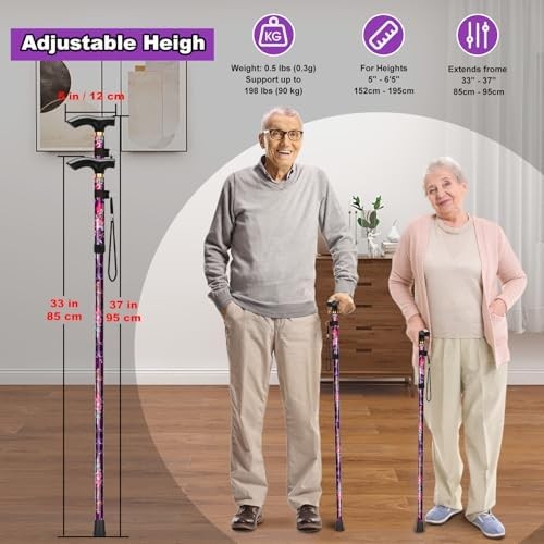 Folding Cane, Portable 5-Level Adjustable Height Walking Stick with Foldable Des