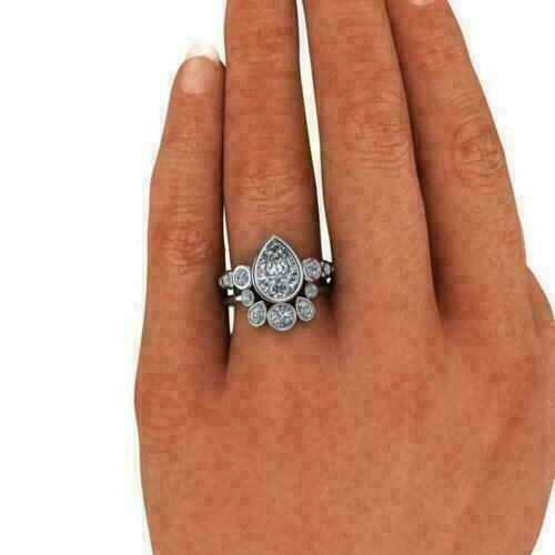 Pear Cut Lab-Created 3.10 CT Diamond Engagement Ring Set 925 Sterling Silver