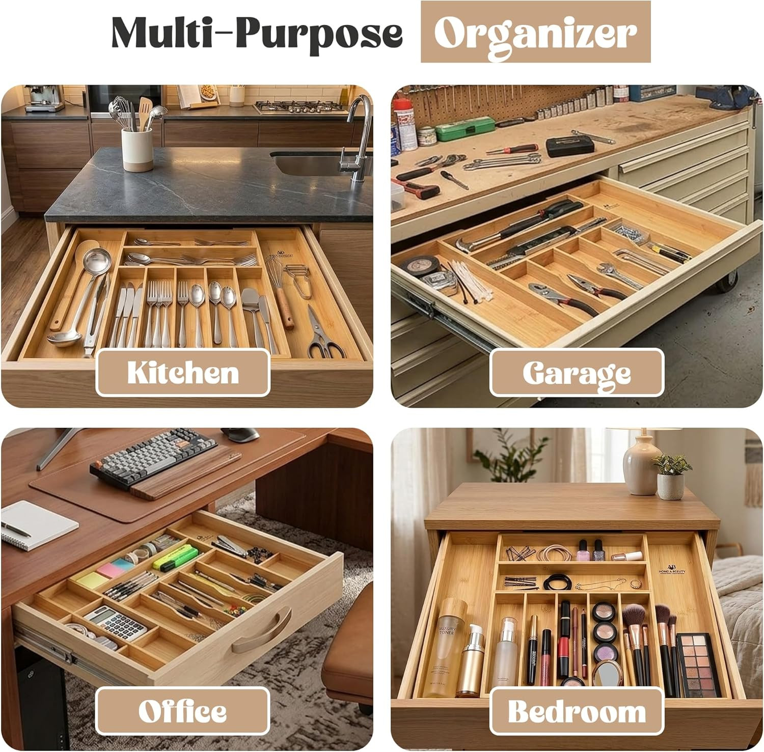 Expandable Bamboo Drawer Organizer for Kitchen Utensils - Adjustable Silverware