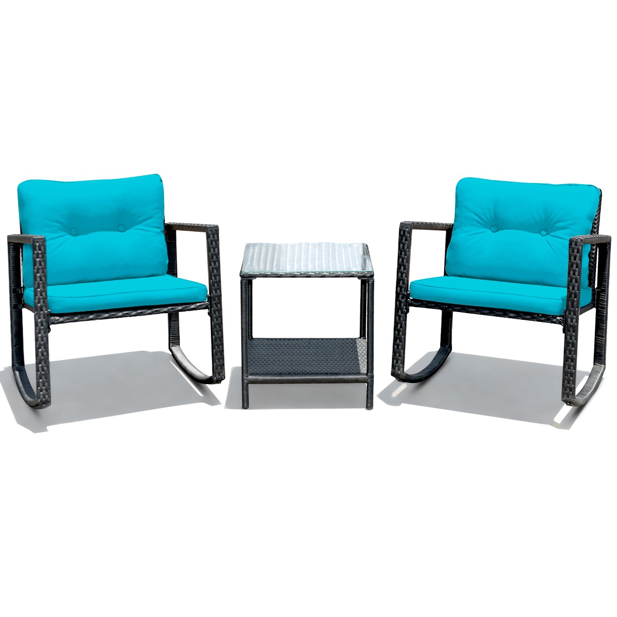 Patiojoy 3PCS Patio Rattan Wicker Chair Table Set Wicker Rattan Furniture Blue