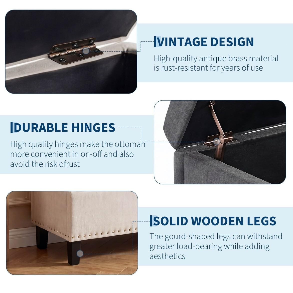 51" Large Storage Ottoman Bench, End of Bed Storage Bench Upholstered Bench