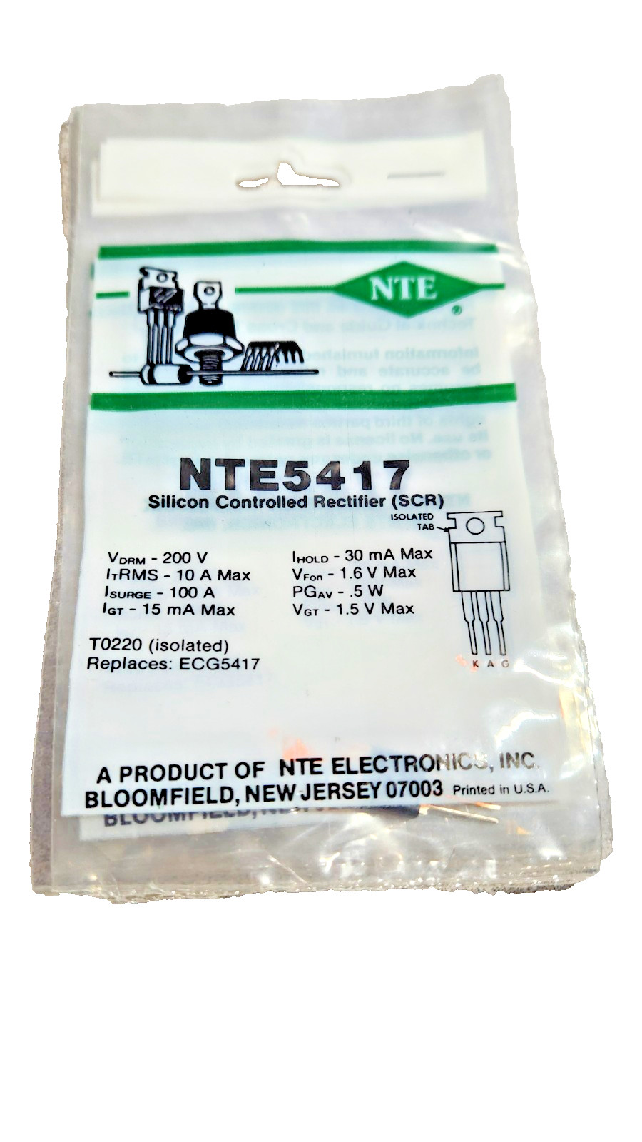 NTE5417 SCR 200V 10A TO-220 USED IN VARIOUS APPLICATIONS