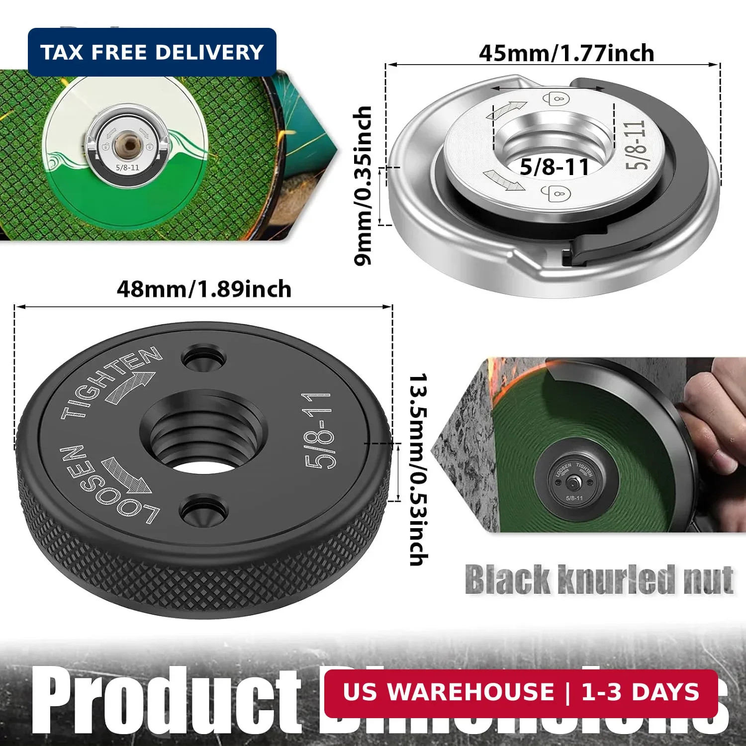 2Pcs 5/8"-11 Angle Grinder Flange Nuts, Tool-Free Quick Release Grinder Flange L