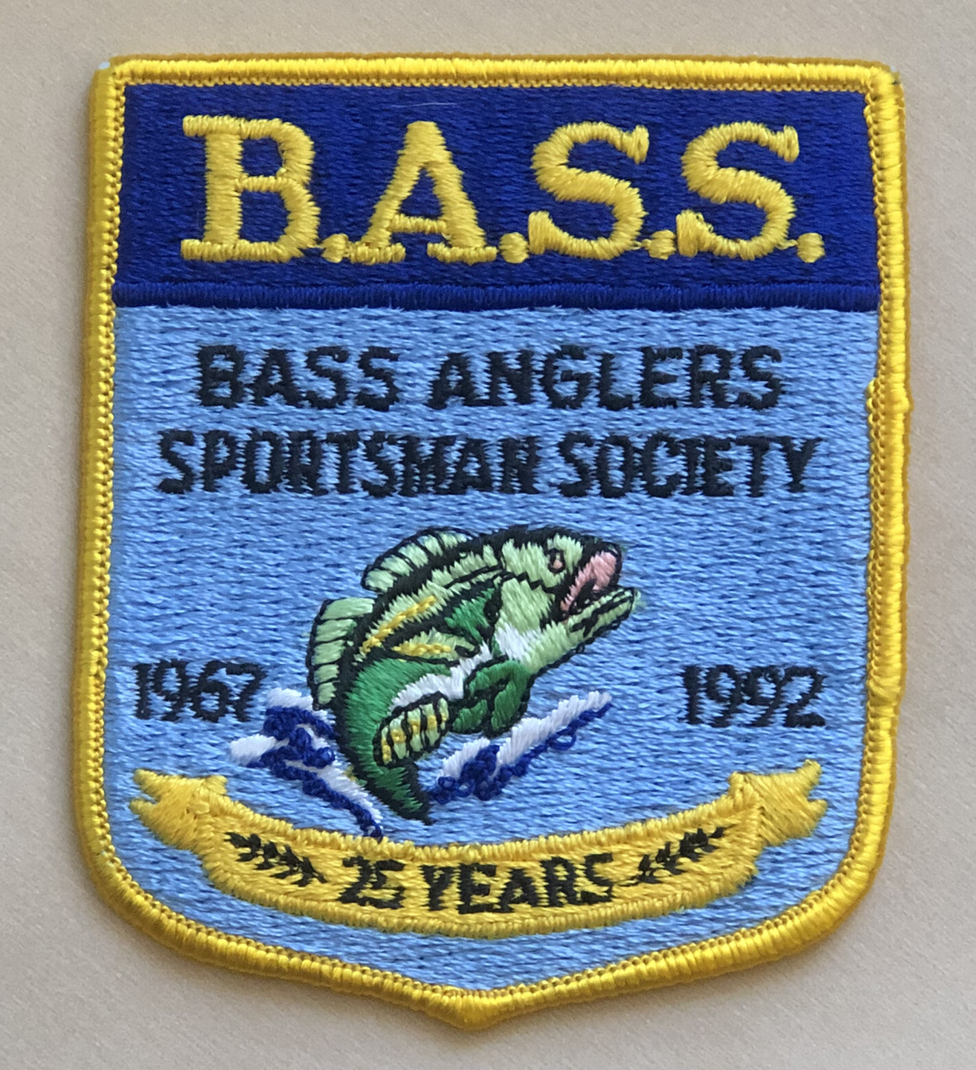 Bass Anglers Sportsman Society 25 Years Patch -  3 1/8 inches x 3 3/4 inches