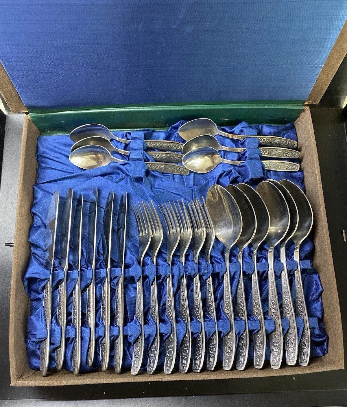 NOS Vintage Retro Stainless Steel Set Of 24pcs Forks Knives Spoons In Case USSR